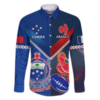 Custom Samoa And France Rugby Family Matching Puletasi Dress and Hawaiian Shirt 2023 World Cup Manu Samoa With Les Bleus LT14 Dad's Shirt - Long Sleeve Blue - Polynesian Pride