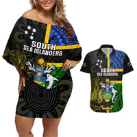 Personalised South Sea Islanders Couples Matching Off Shoulder Short Dress and Hawaiian Shirt Kanakas With Solomon Islands Coat Of Arms LT14 Black - Polynesian Pride