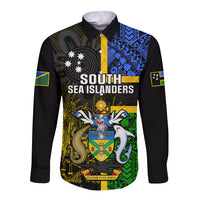 Personalised South Sea Islanders Long Sleeve Button Shirt Kanakas With Solomon Islands Coat Of Arms LT14 Unisex Black - Polynesian Pride