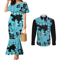 Blue Hawaii Couples Matching Mermaid Dress and Long Sleeve Button Shirt Tapa Cloth Mix Tropical Flowers Pastel Vibes LT14 Blue - Polynesian Pride