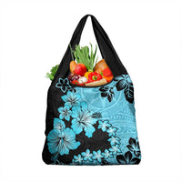 Blue Hawaii Grocery Bag Tapa Cloth Mix Tropical Flowers Pastel Vibes