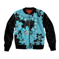 Blue Hawaii Sleeve Zip Bomber Jacket Tapa Cloth Mix Tropical Flowers Pastel Vibes LT14 Unisex Blue - Polynesian Pride