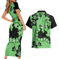 Green Hawaii Couples Matching Short Sleeve Bodycon Dress and Hawaiian Shirt Tapa Cloth Mix Tropical Flowers Pastel Vibes LT14 - Polynesian Pride