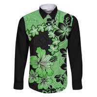Green Hawaii Family Matching Puletasi Dress and Hawaiian Shirt Tapa Cloth Mix Tropical Flowers Pastel Vibes LT14 Dad's Shirt - Long Sleeve Green - Polynesian Pride