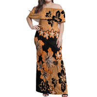 Orange Hawaii Off Shoulder Maxi Dress Tapa Cloth Mix Tropical Flowers Pastel Vibes LT14 Women Orange - Polynesian Pride