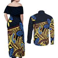 Polynesia Fabric Couples Matching Off Shoulder Maxi Dress and Long Sleeve Button Shirt Polynesian Tribal With Frangipani Flowers LT14 - Polynesian Pride