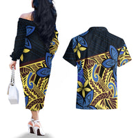 Polynesia Fabric Couples Matching Off The Shoulder Long Sleeve Dress and Hawaiian Shirt Polynesian Tribal With Frangipani Flowers LT14 - Polynesian Pride