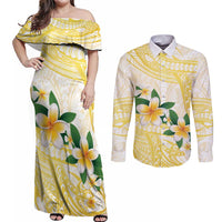 Gold And White Polynesia Plumeria Couples Matching Off Shoulder Maxi Dress and Long Sleeve Button Shirt Curves Tropical Vibes