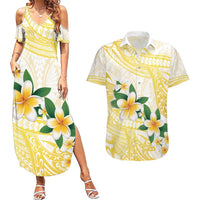 Gold And White Polynesia Plumeria Couples Matching Summer Maxi Dress and Hawaiian Shirt Curves Tropical Vibes