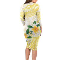 Gold And White Polynesia Plumeria Long Sleeve Bodycon Dress Curves Tropical Vibes