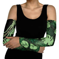 Green Hawaii Kukui Nut Lei Arm Sleeves Hawaiian Pattern Monstera Tropical Vibes - Polynesian Pride