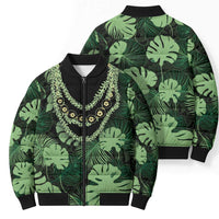 Green Hawaii Kukui Nut Lei Bomber Puffer Jacket Hawaiian Pattern Monstera Tropical Vibes - Polynesian Pride