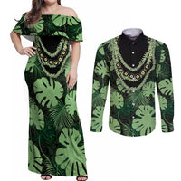 Green Hawaii Kukui Nut Lei Couples Matching Off Shoulder Maxi Dress and Long Sleeve Button Shirt Hawaiian Pattern Monstera Tropical Vibes LT14 Green - Polynesian Pride