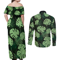 Green Hawaii Kukui Nut Lei Couples Matching Off Shoulder Maxi Dress and Long Sleeve Button Shirt Hawaiian Pattern Monstera Tropical Vibes LT14 - Polynesian Pride