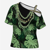 Green Hawaii Kukui Nut Lei Cross Shoulder Shirt Hawaiian Pattern Monstera Tropical Vibes - Polynesian Pride