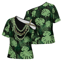 Green Hawaii Kukui Nut Lei Cross Shoulder Shirt Hawaiian Pattern Monstera Tropical Vibes - Polynesian Pride
