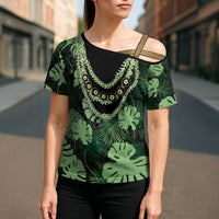 Green Hawaii Kukui Nut Lei Cross Shoulder Shirt Hawaiian Pattern Monstera Tropical Vibes - Polynesian Pride