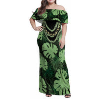 Green Hawaii Kukui Nut Lei Family Matching Off Shoulder Maxi Dress and Hawaiian Shirt Hawaiian Pattern Monstera Tropical Vibes - Polynesian Pride