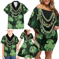Green Hawaii Kukui Nut Lei Family Matching Off Shoulder Short Dress and Hawaiian Shirt Hawaiian Pattern Monstera Tropical Vibes - Polynesian Pride