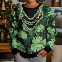 Green Hawaii Kukui Nut Lei Kid Ugly Christmas Sweater Hawaiian Pattern Monstera Tropical Vibes - Polynesian Pride