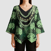 Green Hawaii Kukui Nut Lei Kimono Sleeve Blouse Hawaiian Pattern Monstera Tropical Vibes - Polynesian Pride