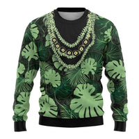 Green Hawaii Kukui Nut Lei Ugly Christmas Sweater Hawaiian Pattern Monstera Tropical Vibes - Polynesian Pride