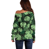 Green Hawaii Kukui Nut Lei Off Shoulder Sweater Hawaiian Pattern Monstera Tropical Vibes LT14 - Polynesian Pride