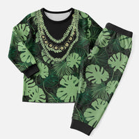 Green Hawaii Kukui Nut Lei Christmas Pajama Set Hawaiian Pattern Monstera Tropical Vibes - Polynesian Pride