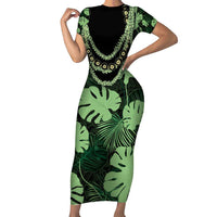 Green Hawaii Kukui Nut Lei Short Sleeve Bodycon Dress Hawaiian Pattern Monstera Tropical Vibes - Polynesian Pride