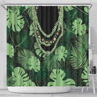 Green Hawaii Kukui Nut Lei Shower Curtain Hawaiian Pattern Monstera Tropical Vibes - Polynesian Pride