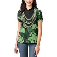 Green Hawaii Kukui Nut Lei Women Polo Shirt Hawaiian Pattern Monstera Tropical Vibes - Polynesian Pride