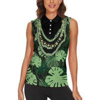 Green Hawaii Kukui Nut Lei Women Sleeveless Polo Shirt Hawaiian Pattern Monstera Tropical Vibes - Polynesian Pride
