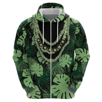 Green Hawaii Kukui Nut Lei Zip Hoodie Hawaiian Pattern Monstera Tropical Vibes - Polynesian Pride