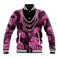Pink Hawaii Kukui Nut Lei Baseball Jacket Hawaiian Pattern Monstera Tropical Vibes - Polynesian Pride