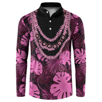 Pink Hawaii Kukui Nut Lei Button Sweatshirt Hawaiian Pattern Monstera Tropical Vibes - Polynesian Pride