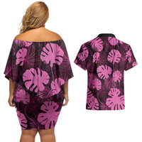 Pink Hawaii Kukui Nut Lei Couples Matching Off Shoulder Short Dress and Hawaiian Shirt Hawaiian Pattern Monstera Tropical Vibes - Polynesian Pride