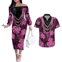 Pink Hawaii Kukui Nut Lei Couples Matching Off The Shoulder Long Sleeve Dress and Hawaiian Shirt Hawaiian Pattern Monstera Tropical Vibes LT14 Pink - Polynesian Pride