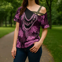 Pink Hawaii Kukui Nut Lei Cross Shoulder Shirt Hawaiian Pattern Monstera Tropical Vibes - Polynesian Pride