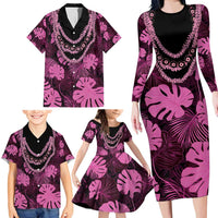 Pink Hawaii Kukui Nut Lei Family Matching Long Sleeve Bodycon Dress and Hawaiian Shirt Hawaiian Pattern Monstera Tropical Vibes LT14 - Polynesian Pride