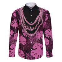 Pink Hawaii Kukui Nut Lei Family Matching Long Sleeve Bodycon Dress and Hawaiian Shirt Hawaiian Pattern Monstera Tropical Vibes LT14 Dad's Shirt - Long Sleeve Pink - Polynesian Pride