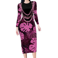 Pink Hawaii Kukui Nut Lei Family Matching Long Sleeve Bodycon Dress and Hawaiian Shirt Hawaiian Pattern Monstera Tropical Vibes LT14 Mom's Dress Pink - Polynesian Pride