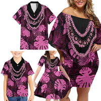 Pink Hawaii Kukui Nut Lei Family Matching Off Shoulder Short Dress and Hawaiian Shirt Hawaiian Pattern Monstera Tropical Vibes - Polynesian Pride