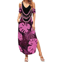 Pink Hawaii Kukui Nut Lei Family Matching Summer Maxi Dress and Hawaiian Shirt Hawaiian Pattern Monstera Tropical Vibes - Polynesian Pride