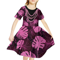 Pink Hawaii Kukui Nut Lei Kid Short Sleeve Dress Hawaiian Pattern Monstera Tropical Vibes - Polynesian Pride