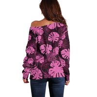 Pink Hawaii Kukui Nut Lei Off Shoulder Sweater Hawaiian Pattern Monstera Tropical Vibes - Polynesian Pride