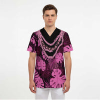 Pink Hawaii Kukui Nut Lei Scrub Top Hawaiian Pattern Monstera Tropical Vibes - Polynesian Pride