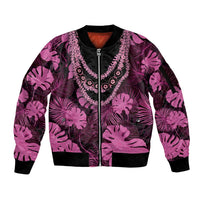 Pink Hawaii Kukui Nut Lei Sleeve Zip Bomber Jacket Hawaiian Pattern Monstera Tropical Vibes - Polynesian Pride
