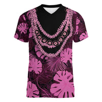 Pink Hawaii Kukui Nut Lei Women V-Neck T-Shirt Hawaiian Pattern Monstera Tropical Vibes - Polynesian Pride