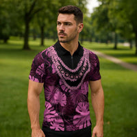 Pink Hawaii Kukui Nut Lei Zipper Polo Shirt Hawaiian Pattern Monstera Tropical Vibes - Polynesian Pride