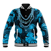Blue Hawaii Kukui Nut Lei Baseball Jacket Hawaiian Pattern Monstera Tropical Vibes - Polynesian Pride